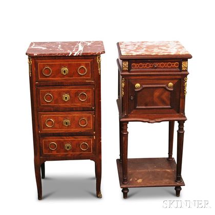 Two Louis XVI-style Inlaid Walnut Marble-top Chests
