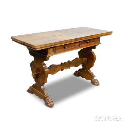 Small Renaissance-style Carved Walnut Two-drawer Refectory Table