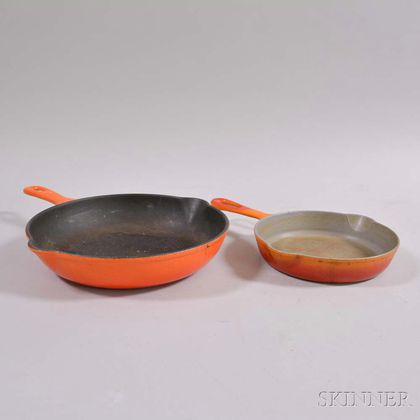 Two Orange-enameled Cast Iron Frying Pans