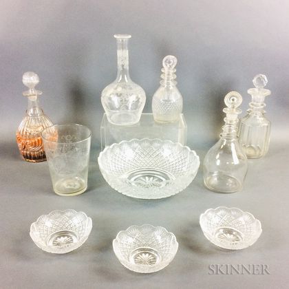 Ten Pieces of Colorless Etched and Cut Glass