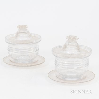 Pair of Irish Colorless Cut Glass Sweet Meat Jars and Underplates
