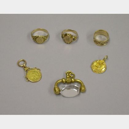 Three Gold Fobs/Pendants, Two Gold Signet Rings, and a 14kt Gold Band