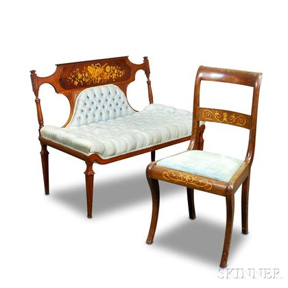 Neoclassical-style Marquetry Settee and a Chair. Estimate $150-200
