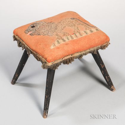 Black-painted Stool with Lion Embroidered Cushion