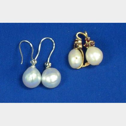 Two Pairs of 14kt Gold and Cultured Pearl Earrings