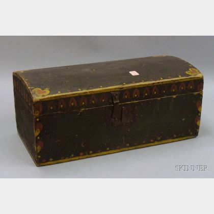 Polychrome Heart Decorated and Black-painted Dome-top Pine Dovetail-constructed Box