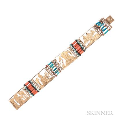 Egyptian Revival Gold, Coral, and Faience Bracelet