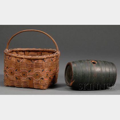 Freehand Painted Indian-made Basket and a Green-painted Rum Keg