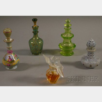 Four Victorian Perfume Bottles and a Modern Lalique for Nina Ricci Perfume Bottle