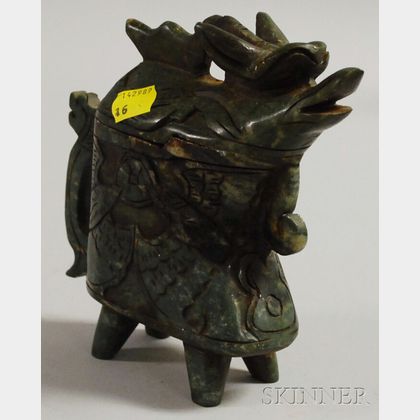 Chinese Archaic-style Carved Jade Footed Censer with Cover