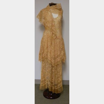 1920s Ivory Lace Slip Dress and Matching Shawl