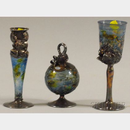 Three Pieces of Israeli Hand-blown Glass and Silver Overlay Havdalah Set