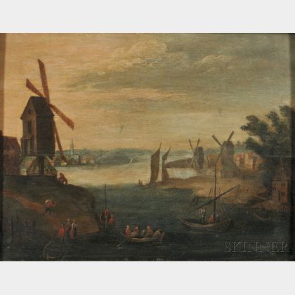 Attributed to Eduard Dubois (Flemish, 1619-1697) Coastal View with Windmills and Vessels