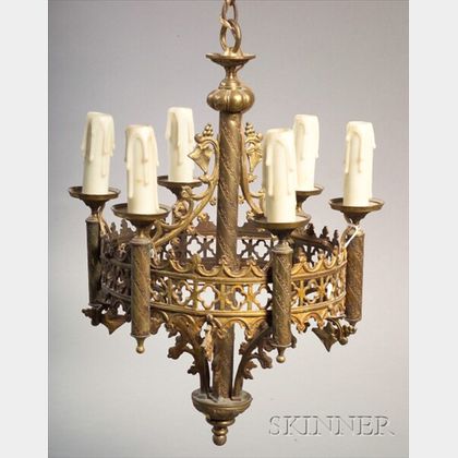 Pair of Gothic Revival Gilt Metal Six Light Hall Chandeliers
