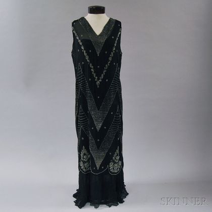 Black Beaded Silk Evening Gown with Slip
