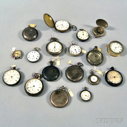 Large Group of Mostly Nickel and Coin Silver-cased Pocket Watches