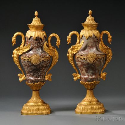 Pair of Rouge Marble and Gilt-bronze Urns and Covers