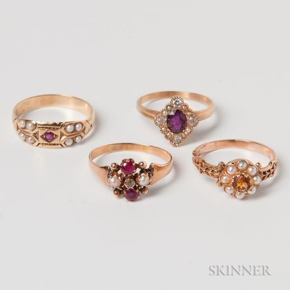 Four 14kt Gold, Pearl, and Gem-set Rings