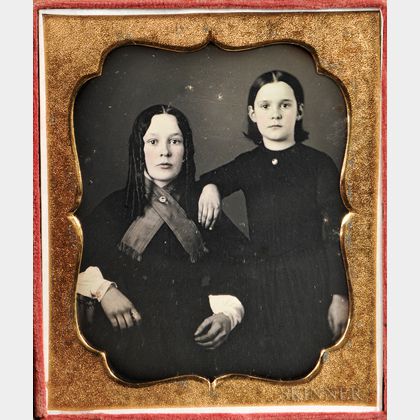 Sixth-plate Tinted Daguerreotype of Two Stylish Young Women