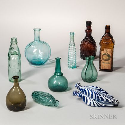 Six Blown Flasks and Four Molded Bottles