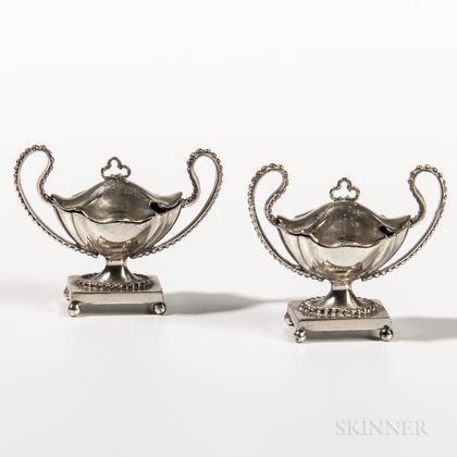 Pair of Miniature Sterling Silver Covered Urns