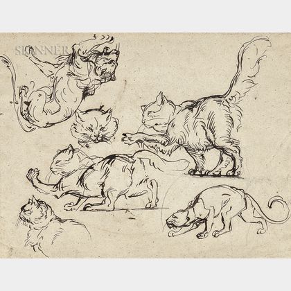 Circle of Eugène Delacroix (French, 1798-1863) Studies of Cats and Lions/Two Goats: A Double-sided Sketch