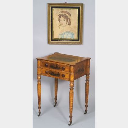 Federal Academy Painted Tiger Maple Work Table, together with a portrait &#34;Imogine&#34;