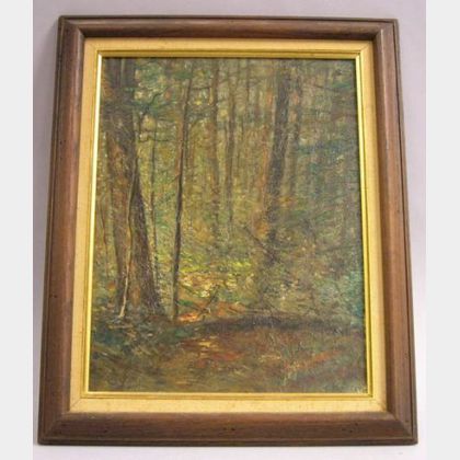Framed Oil on Panel of a Woodland Interior