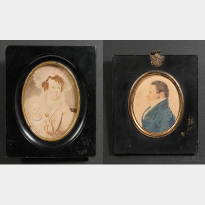 Two Framed Portrait Miniatures of a Gentleman and a Woman with a Child