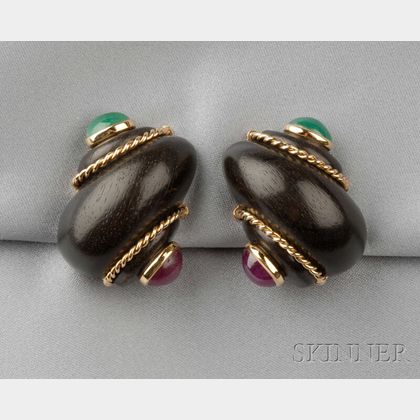 18kt Gold, Wood, Emerald, and Ruby Earclips, Verdura