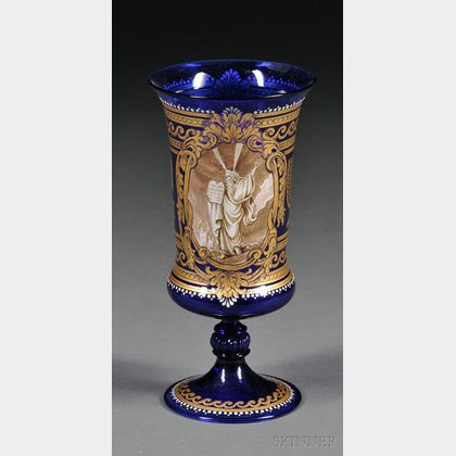 Gilt Decorated Cobalt Blue Glass Wine Goblet