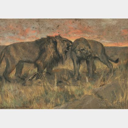 Arthur Wardle (English, 1864-1949) Lions Roaring Over Their Prey