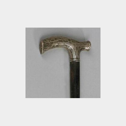 Hammered Sterling Silver and Ebonized Wood Ladys Cane. sterling silver hammered handle on black painted wood shaft, impressed STERLIN 