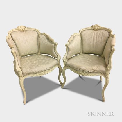 Pair of Louis XV-style White-painted Bergeres