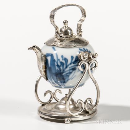 Silver and Porcelain Miniature Teakettle on Stand