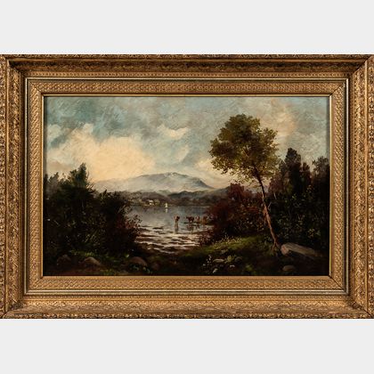 Hudson River School, Late 19th Century River Scene with Mountains
