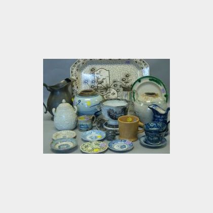 Eighteen Pieces of Assorted 19th Century Ceramics, a Pewter Pitcher, Glass Syrup and a Marble