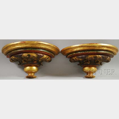 Pair of German Gilt and Painted Wooden Demilune Wall Bracket Shelves
