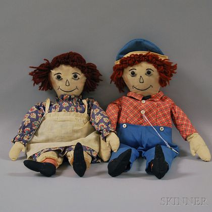 Pair of Handmade Raggedy Ann and Andy Cloth Dolls