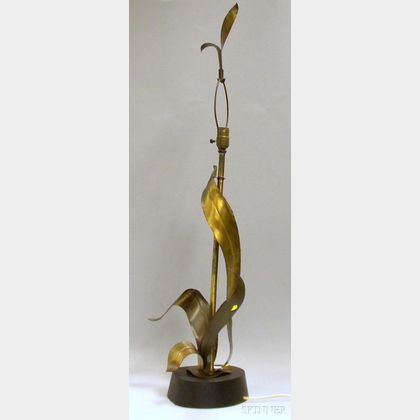 Mid-century Modern Brass Palm Frond Table Lamp with Wood Base