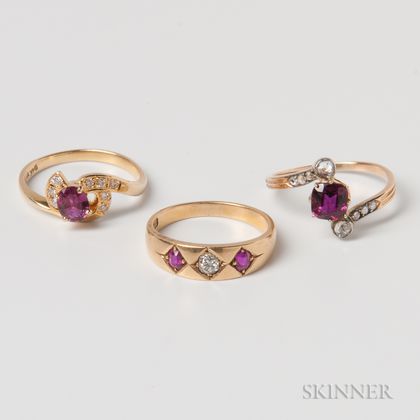 Three Gold, Diamond, and Ruby Rings