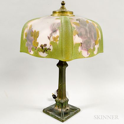 Art Nouveau-style Floral-decorated Glass and Metal Table Lamp