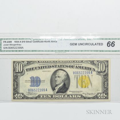 1934-A $10 Silver Certificate, North Africa, CGA Gem Uncirculated 66, Fr. 2309. Estimate $400-600