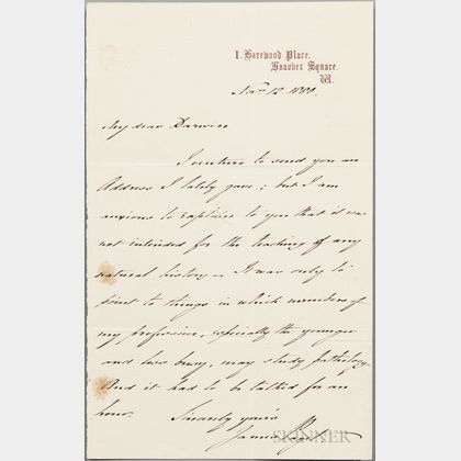 Paget, Sir James (1814-1899) Autograph Letter Signed, 12 November 1880 to Charles Darwin (1809-1882)