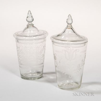 Two Blown and Wheel-engraved Covered Flip Glasses