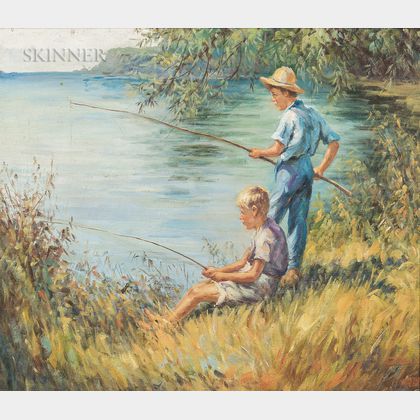 John Falter (American, 1910-1982) Two Boys Fishing