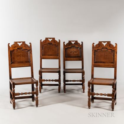 Set of Four Jacobean-style Inlaid Oak Side Chairs