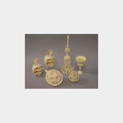 Two Chinese Carved Ivory Puzzle Balls on Pedestal and a Pair of Chinese Carved Ivory Apples. 
