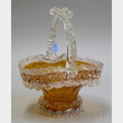 Stevens & Williams Amber Glass Basket with Applied Colorless Glass Handle and Rigaree