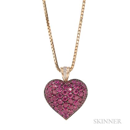 14kt Gold and Ruby Pave Heart Pendant with Chain